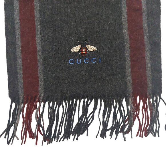 Gucci Vintage Gray & Burgundy Stripe Scarf w Embroidered Bee Logo - Picture 9 of 11
